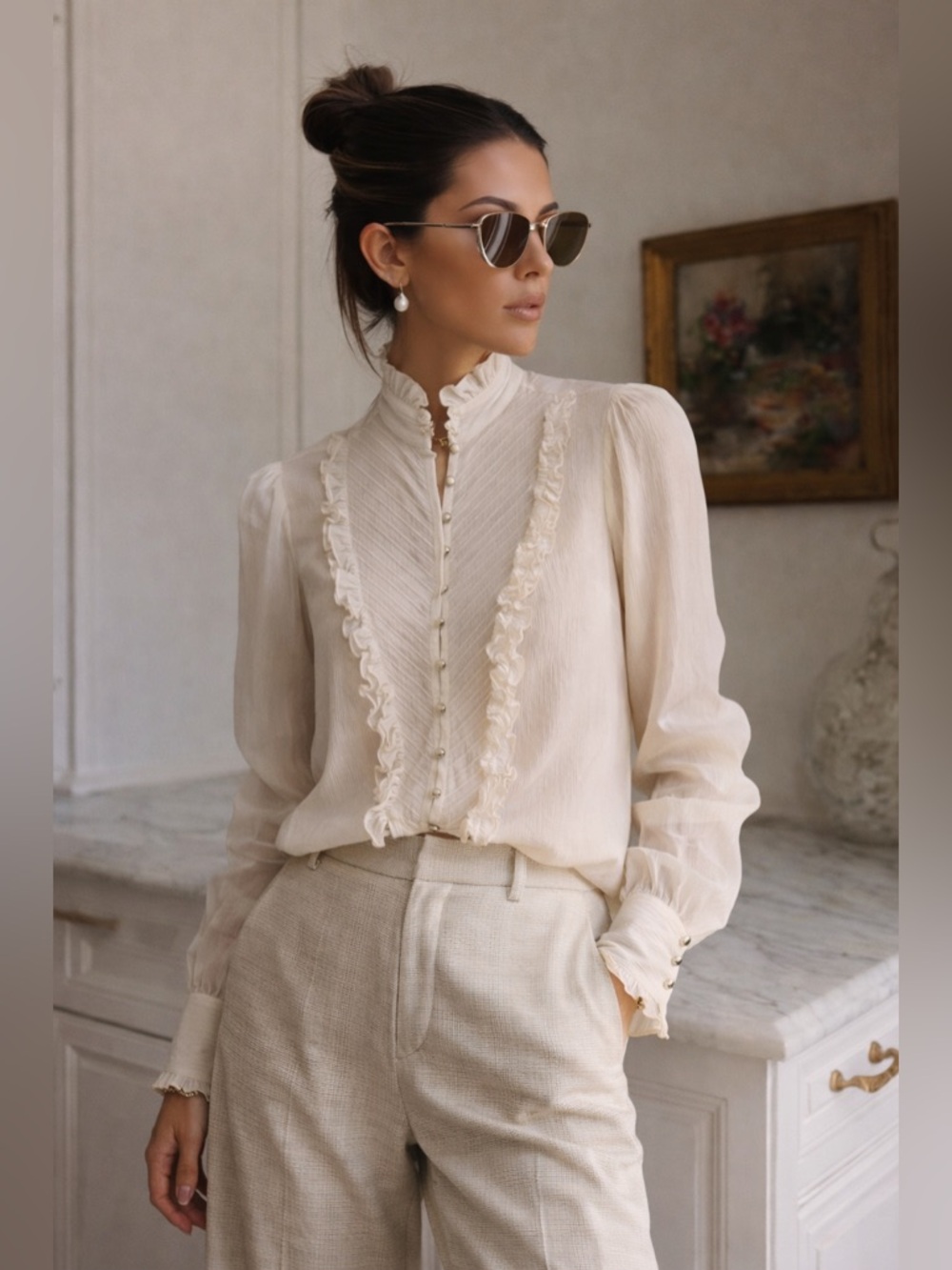 Vintage | Semi-Sheer Silk Ruffle Blouse | Ivory | Size 14